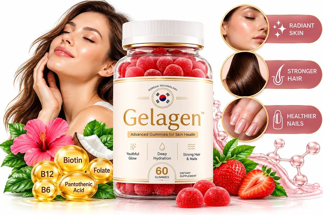 Woman with radiant skin next to Gelagen gummies for skin, hair and nails