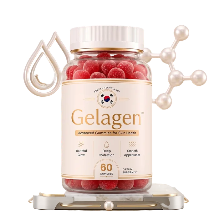 Gelagen advanced gummies for skin health bottle on a marble stand