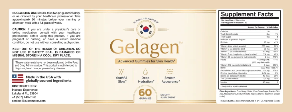 Gelagen supplement facts label with Biotin 5000 mcg, Vitamin A, C, D, E, B6, Folate, B12, Pantothenic Acid, Choline, Iodine, Zinc and Inositol